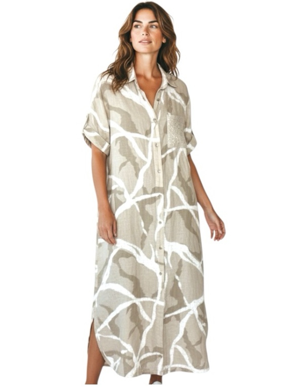 Eternelle Linen Dress Tan White Button-Front Abstract Print Sz XS Relaxed Fit